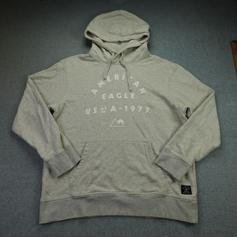 American Eagle Hoodie Mens Large Oatmeal Graphic Pullover Heathered Cotton